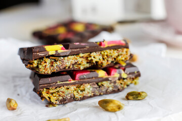 Dubai chocolate bar with pistachio paste and kadaif dough