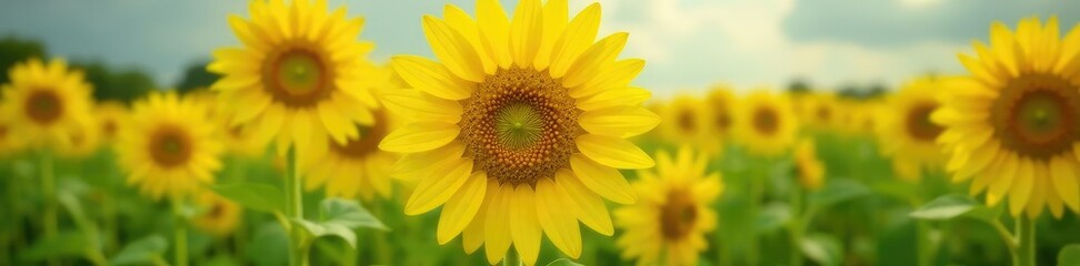Obraz premium Large sunflower with bright yellow petals and tall stem, blooming, stem, yellow