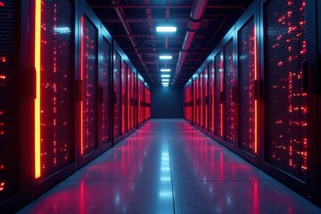 Sleek, vibrant server racks illuminate futuristic data center , digital, illumination