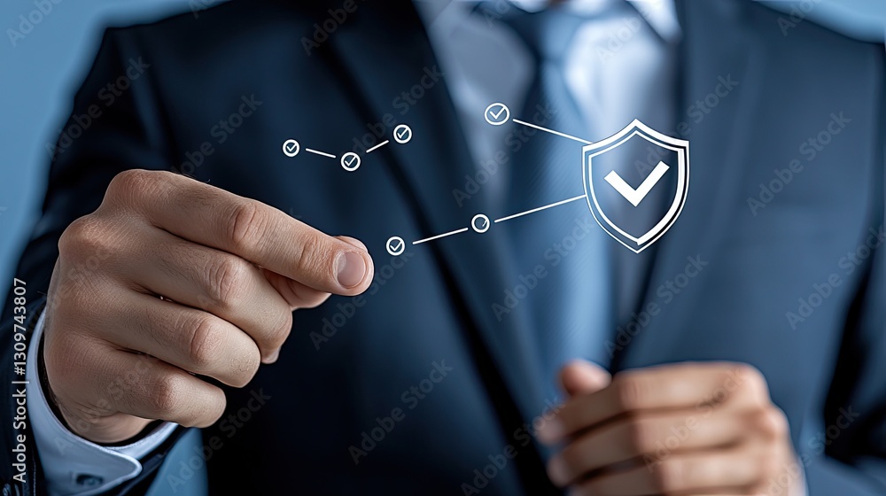 Aufkleber a businessman shows a shield symbolizing data security while surrounded by digital connections on a 