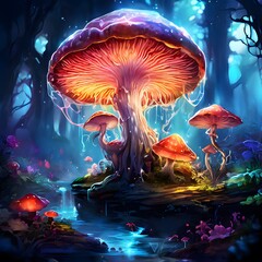 Large mushroom-like flower in a mystical forest landscape