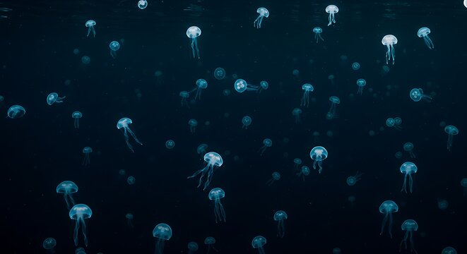 A school of shimmering jellyfish drifting through the dark ocean depths.