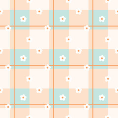 Gingham seamless vector pattern with kawaii carrots. Tartan check for tablecloths, napkins, clothes, packaging, for the Easter holiday. Cozy cute childish. easter color.