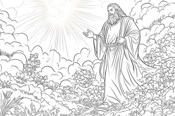 A joyful and uplifting children’s coloring book illustration of Enoch, the man from the Bible who did not experience death but was taken to heaven by God. 