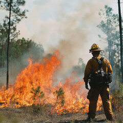 Naklejka premium A firefighter stands resiliently in front of a raging forest fire, displaying courage and determination amidst the smoke and flames.