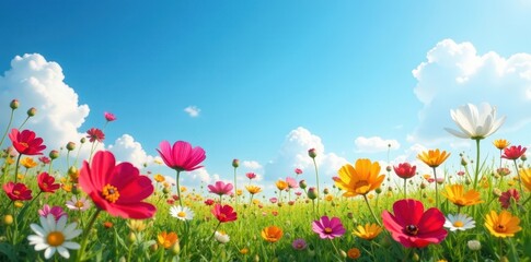 Naklejka premium Vibrant wildflowers bloom under a vast blue sky , petal, image, blue sky