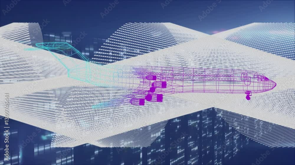 Poster animation of digital wireframe airplane flying over cityscape with glowing patterns