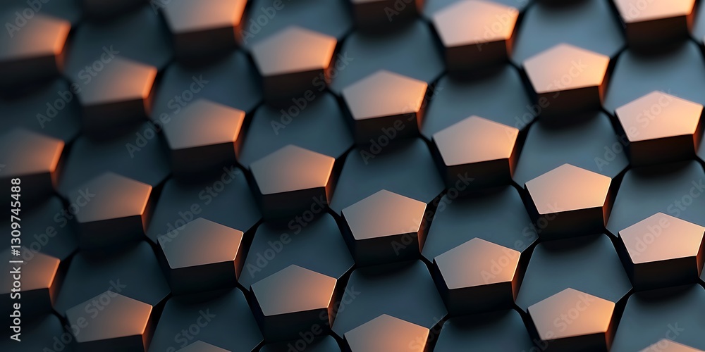 Poster close-up view of a textured hexagonal pattern with metallic sheen and warm lighting effects
