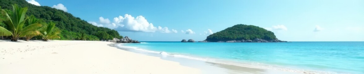 White sand beach, distant green island silhouette, calm sea, image, sky, nature