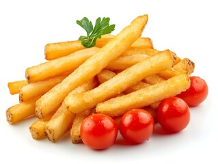 Delicious french fries accompanied by fresh cherry tomatoes perfectly plated on a clean white background studio shot