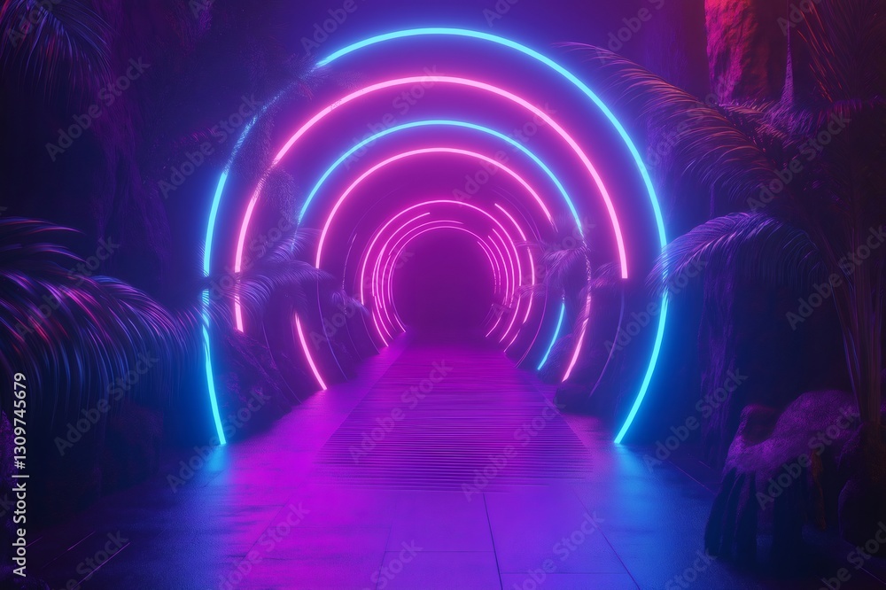 Poster bright neon lights form a tunnel with dynamic motion effects, creating a futuristic atmosphere with 