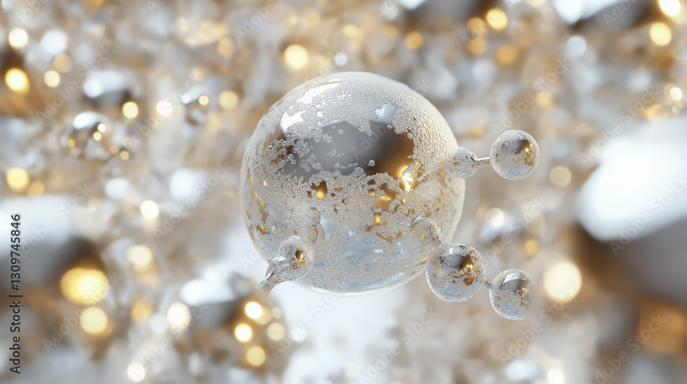 Poster close up view of molecular structure with metallic and glass like spheres, reflecting light in futur