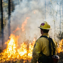 Naklejka premium A firefighter in protective gear stands before a blazing forest, assessing the situation amid smoke and flames.