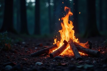 Flickering flames illuminate stacked firewood, embers glowing in forest night , beautiful, fire, vibrant