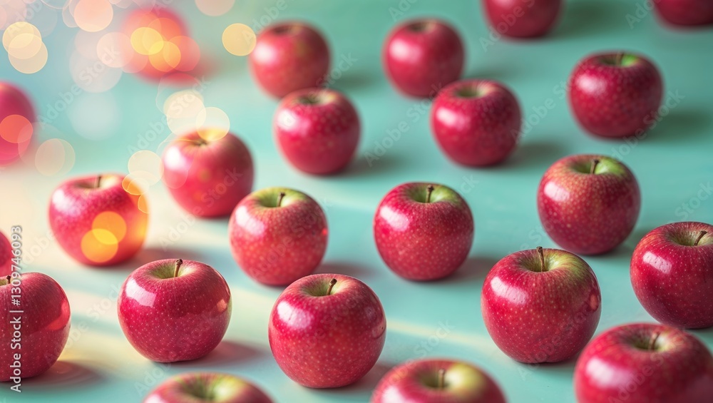 Poster red apples arranged on a turquoise surface with a soft bokeh effect creating a vibrant atmosphere