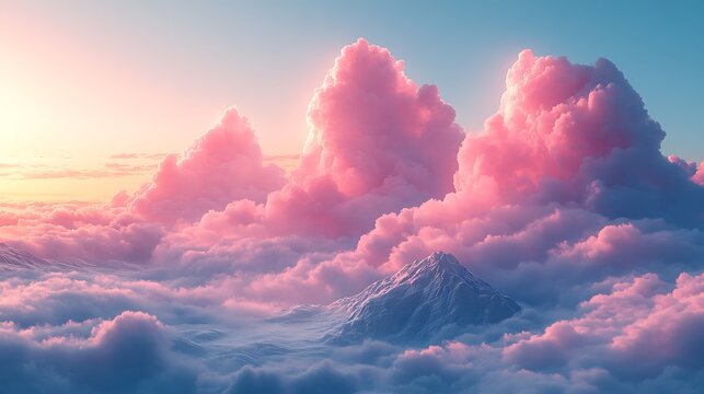 A dreamy vista with soft pink bubble clouds rolling over a smooth mountain beneath a calm clear sky