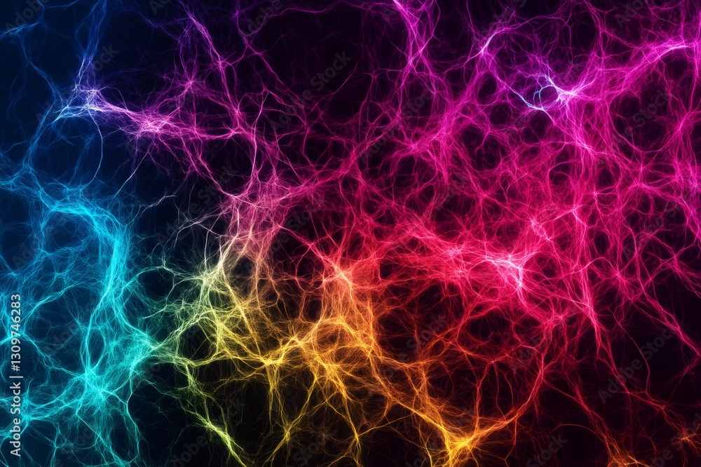 Poster dynamic neon glitch effect featuring jagged, colorful lines creating a chaotic and vibrant abstract 