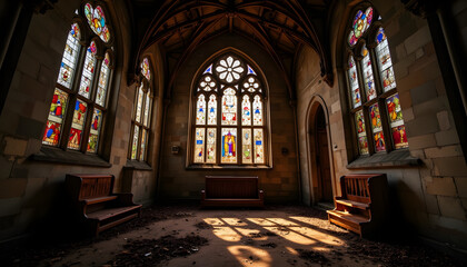 Fototapeta premium Abandoned church interior with stained glass windows