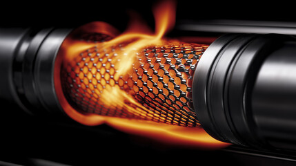 Obraz premium futuristic metal tube with glowing mesh structure and fiery elements, showcasing advanced technology and energy flow