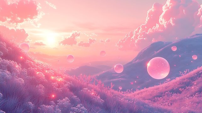 A dreamy vista with soft pink bubble clouds rolling over a smooth mountain beneath a calm clear sky