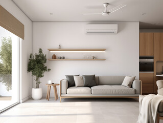 neutral living room or sitting room space with bright natural light and mini split eco system
