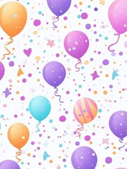 Colorful balloons on a white background with confetti create a festive atmosphere, perfect for birthday invitations, party decorations, or children's event promotions, Enhance joyful occasions,