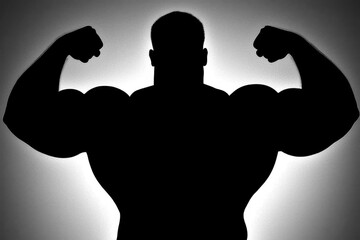 Fototapeta premium Muscular Man Silhouette Flexing Biceps, Dramatic Lighting, Gray Background