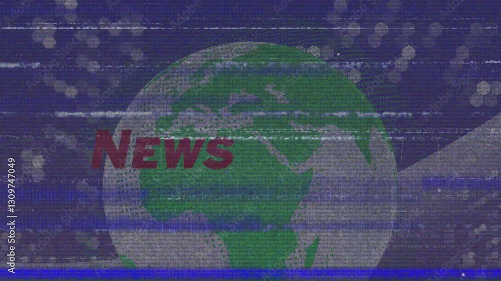 Poster animation of glitch effect on news text and globe over digital background