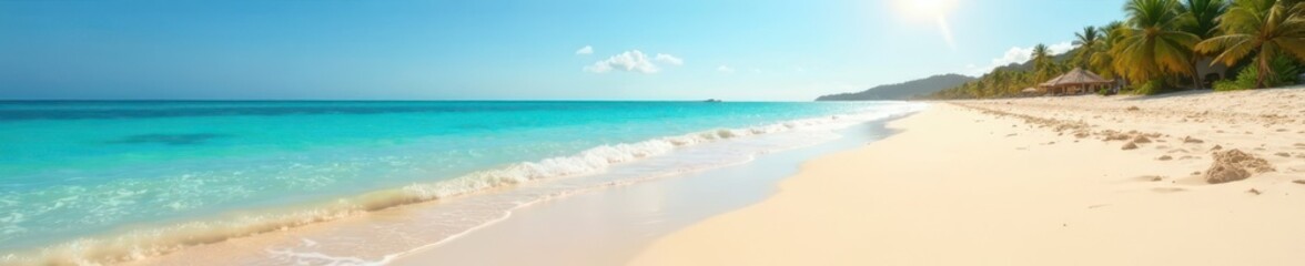 Fototapeta premium Sun-drenched beach, fine sand texture, clear sky, ocean, holiday