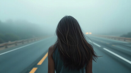 Woman walking on the foggy road at dusk. AI image