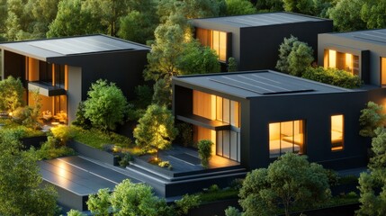 Fototapeta premium Aerial View of Sustainable Homes with Solar Panels
