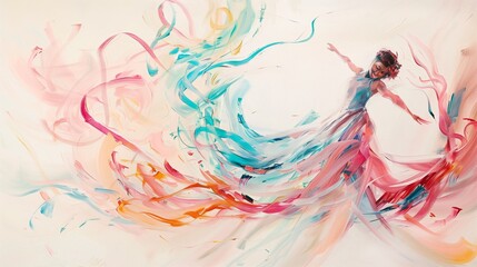 Fototapeta premium an abstract dance of love, a woman’s figure twirling with ribbons of rose and turquoise, soft white background, lively and romantic style 16:9 6.0 - U