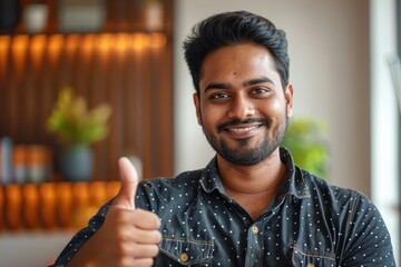Portrait of a grinning indian man in his 20s showing a thumb up while standing against modern minimalist interior