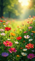 Sun-drenched flower meadow, diverse blooms in full array , outdoor scene, fresh