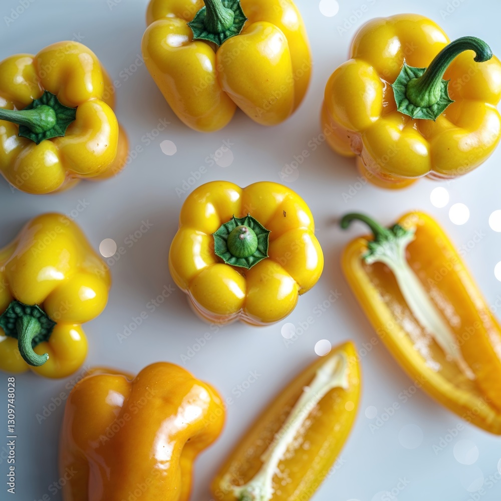 Poster yellow bell peppers arranged beautifully on a countertop with a soft bokeh background highlighting t