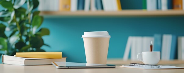 Coffee Cup on Desk with Notebook and Tablet in Office