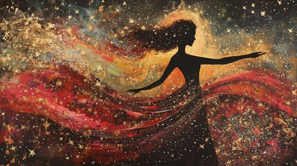 an abstract vision of feminine joy, a woman’s silhouette radiating waves of red and gold light, surrounded by floating stars, vibrant and romantic sty