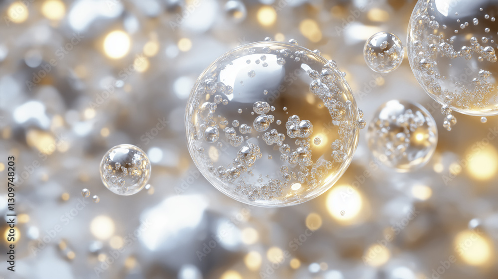 Poster close up view of transparent bubbles with shimmering reflections and glowing lights creates mesmeriz