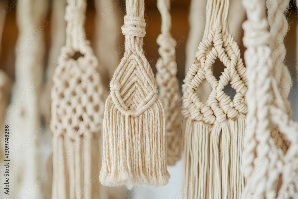 Poster close up of macrame plant hangers with intricate knots and patterns, showcasing craftsmanship and bo