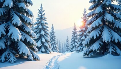 Fototapeta premium Snow-covered pine trees with frosty atmosphere, forest, pines