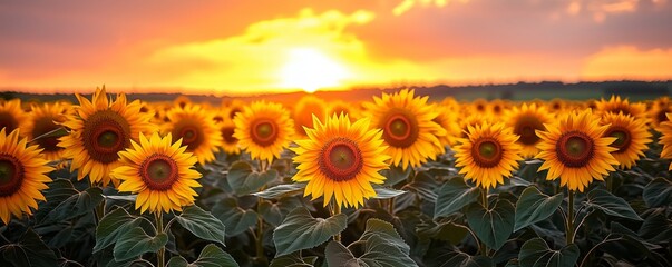 Obraz premium Vibrant Sunflower Field at Sunset with Bright Colors