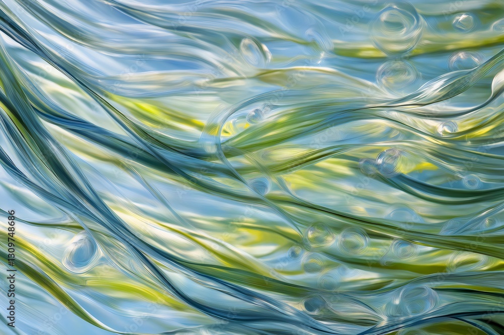Poster abstract image of seagrass swaying in a restored sea, with bubbles floating around, creating a seren