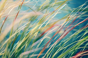 Obraz premium Close up of seagrass swaying gently in the current of a restored coastal habitat, showcasing its vibrant colors and delicate movement