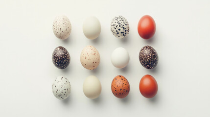Nine fresh quail eggs are arranged neatly on a white background highlighting their delicate shells and natural texture. AI generative