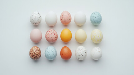 Fototapeta premium Nine fresh quail eggs are arranged neatly on a white background highlighting their delicate shells and natural texture. AI generative