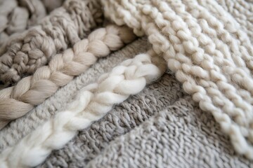 Close up of merino wool braids and knitted textiles in neutral tones, creating a cozy and warm atmosphere, perfect for winter and autumn projects