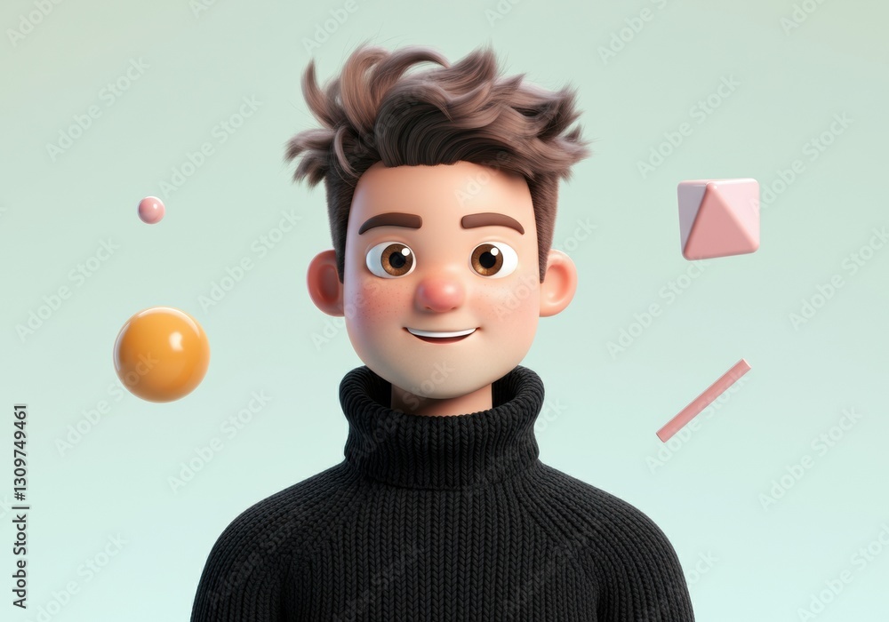 Poster 3d character with playful expression surrounded by colorful geometric shapes