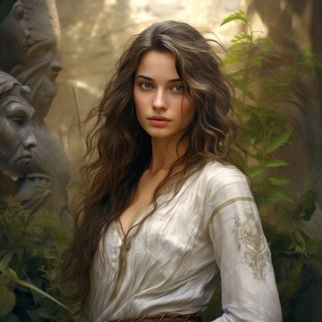 Enchanting Woman in White Dress Amidst Forest and Sculptures
