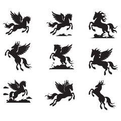 Pegasus Icon Black and white vector silhouettes set of horse flying Pegasus flying horse silhouette