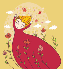 Dreamy Girl in a Flowing Red Dress